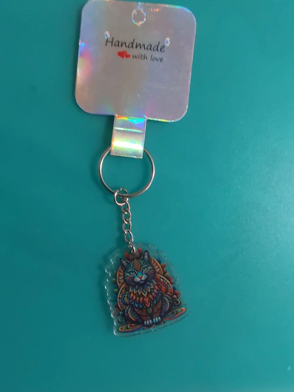 Handmade Multicolor Cat Acrylic Keychain - Key & Card Holder